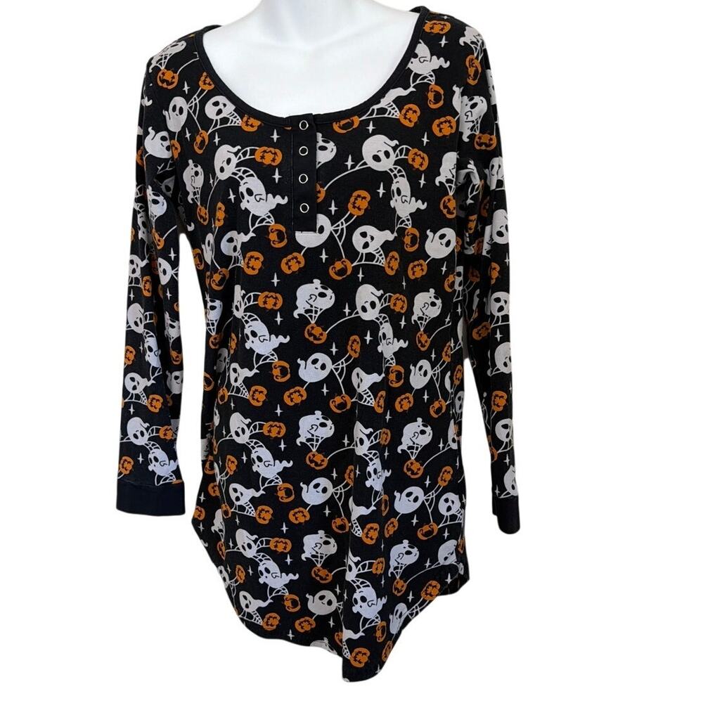 Killstar Haunted Pumpkin Henley Lounge Top Black Halloween Ghost Print Sz Small